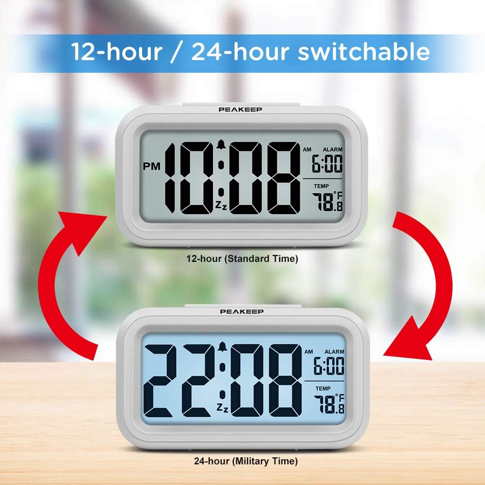 Peakeep Night Light Digital Alarm Clock Battery Operated Indoor Temperature | Small Cordless Cute Clock For Bedroom Desk Travel, Simple To Use For Teens Kids (White)