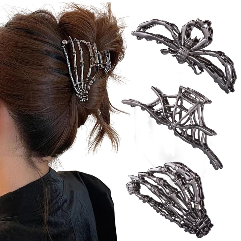 3Pcs Black Spider Web Skeleton Hand Skull Hair Claw Clips For Women And Girls, Hiphop Metal Large Medium Size For Thick Thin Hair, Headband Barrette For Styling Hair Accessories Party Gift (Black Gun)