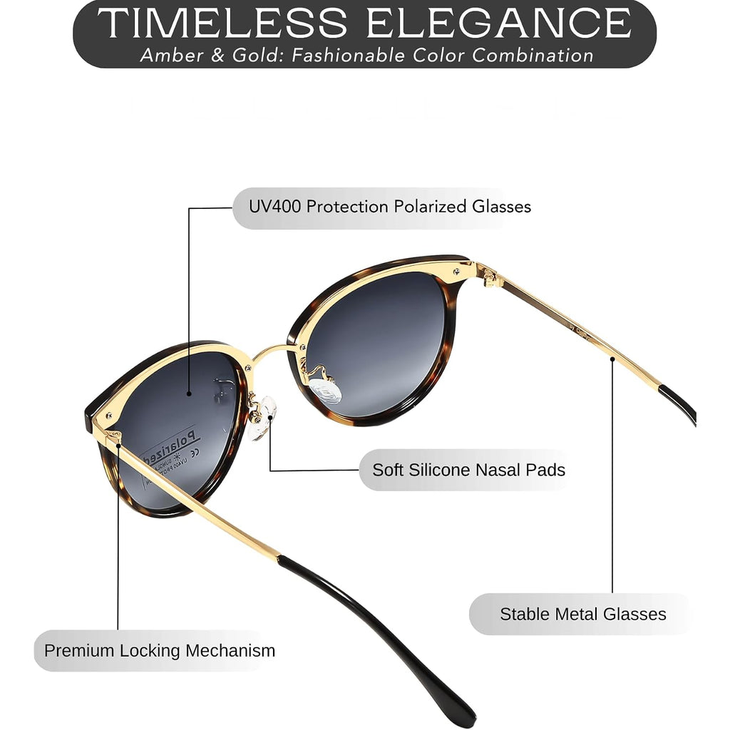 Polarized Sunglasses Womens Elegant UV400 Protection Black Classic Metal Style Ultralight Shades For Driving Polarized Gradient Gray & Amber Frame