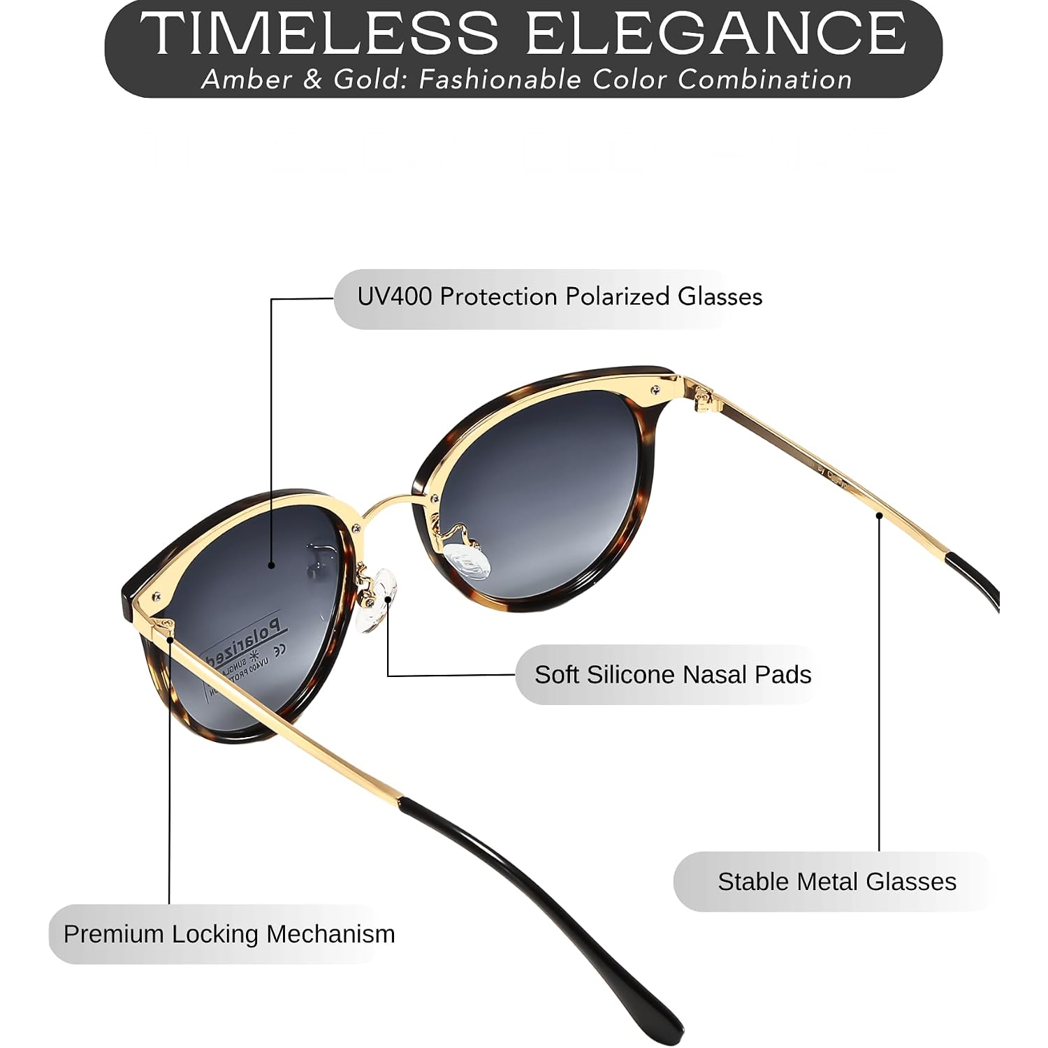 Polarized Sunglasses Womens Elegant UV400 Protection Black Classic Metal Style Ultralight Shades For Driving Polarized Gradient Gray & Amber Frame