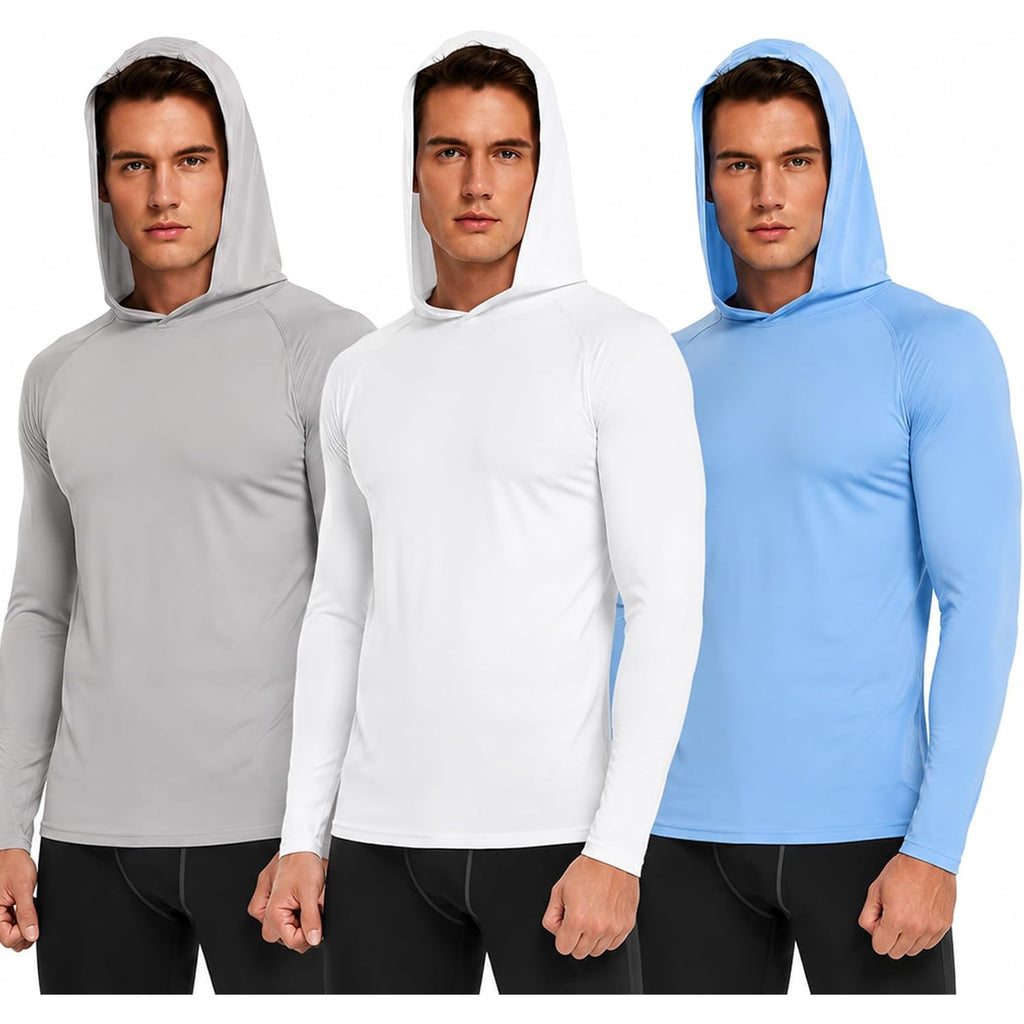 3 Pack Men'S Fishing Shirts Long Sleeve Sun Hoodie Uv Protection Lightweight Rash Guard Swim Shirt