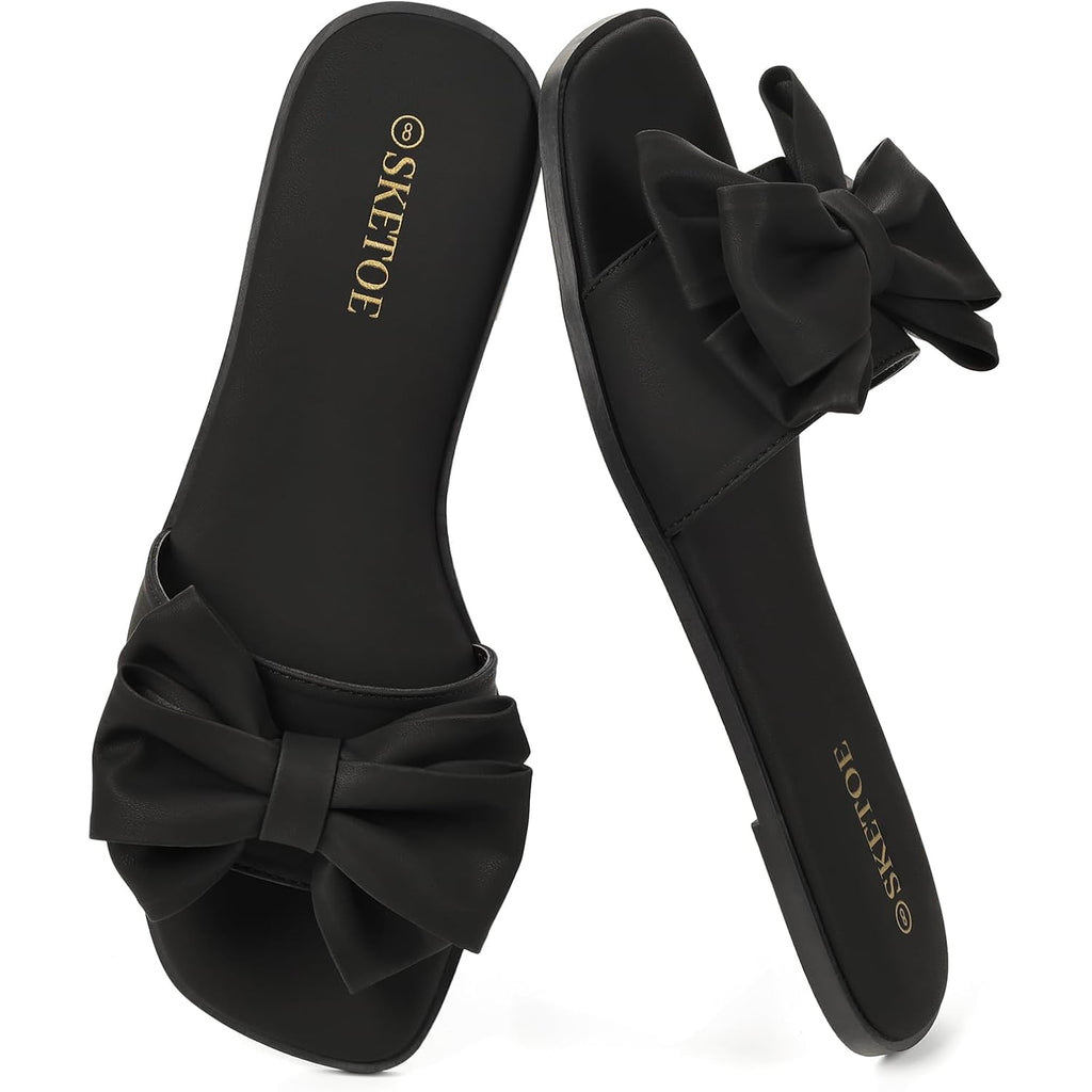 Women'S Bow Flat Sandals Open Saquare Toe Comfortable Slide For Wedding Beach Vacation