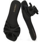 Women'S Bow Flat Sandals Open Saquare Toe Comfortable Slide For Wedding Beach Vacation