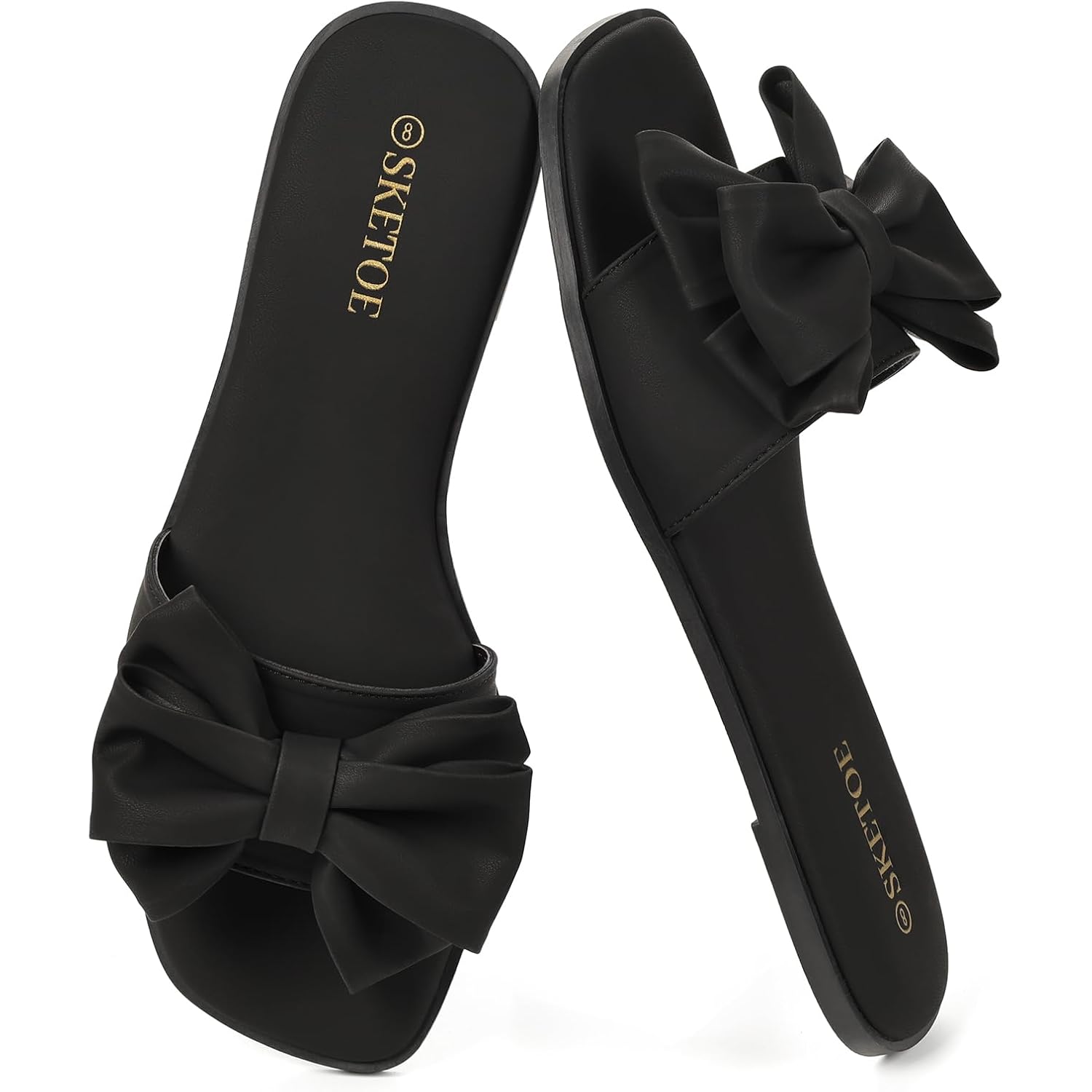 Women'S Bow Flat Sandals Open Saquare Toe Comfortable Slide For Wedding Beach Vacation