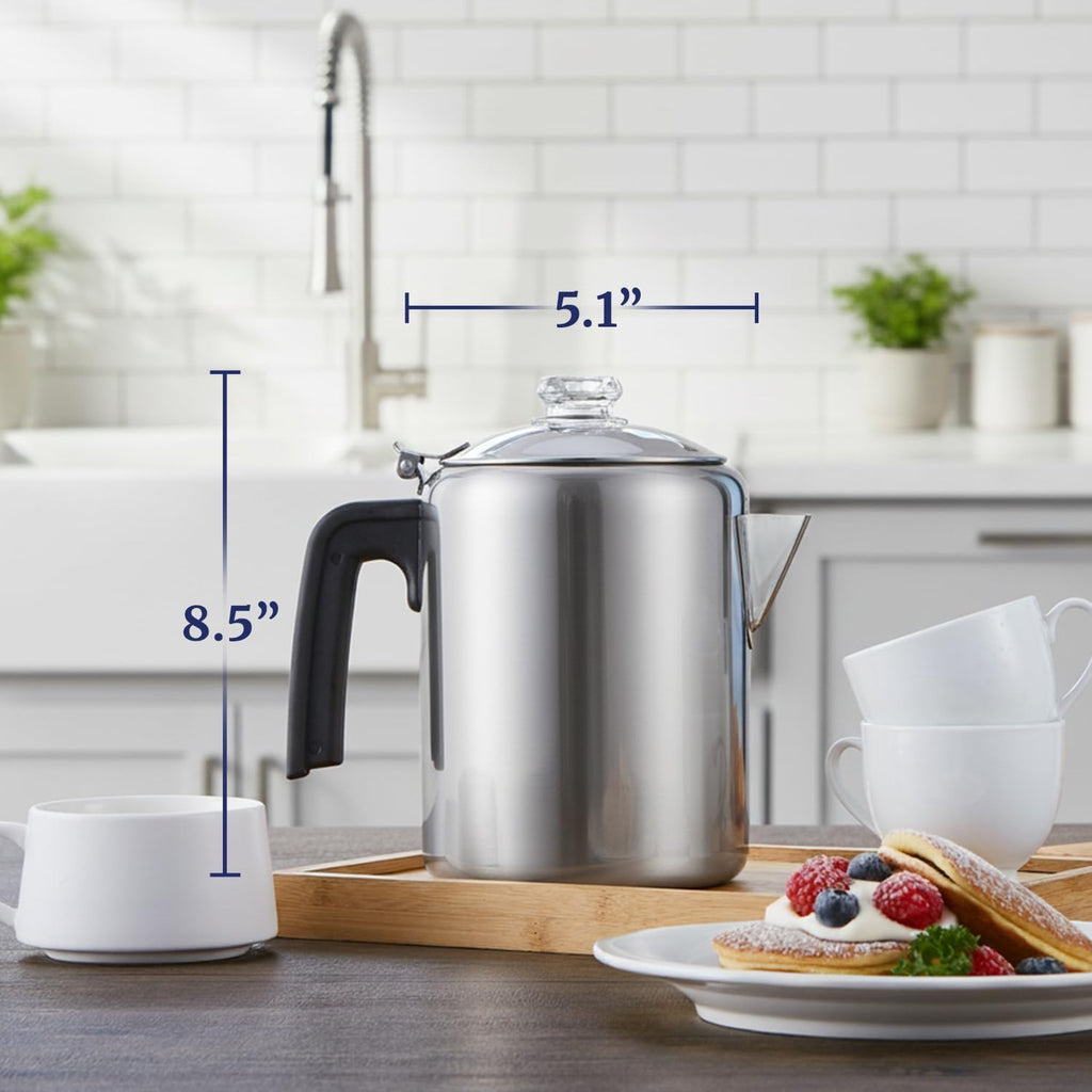 Elite Gourmet Ec008 Classic Stovetop Coffee Percolator, Glass Clear Brew Progress Knob, Cool-Touch Handle, Cordless Serve, 8-Cup, Stainless Steel