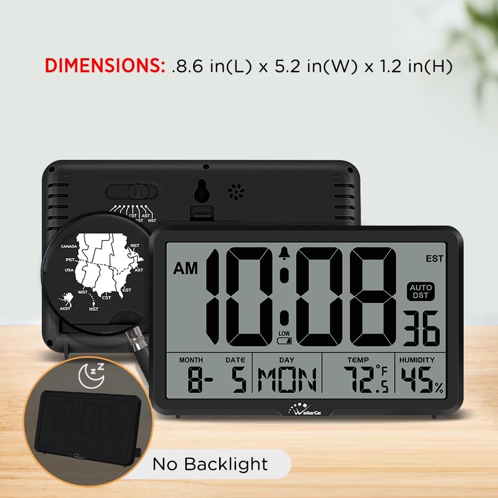 Auto Set Digital Wall Clock Battery Operated, Desk Clocks With Temperature, Humidity And Date, Large Display Digital Calendar Alarm Clock For Elderly, Bedroom, Office, 8 Time Zone, Auto Dst.