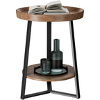 Round End Table With Storage Shelf, 2 Tier Farmhouse Side Table Nightstand For Living Room, Bedroom, Wood Tabletop & Black Metal Frame, Brown 15.7 * 15.7 * 23.0Inches