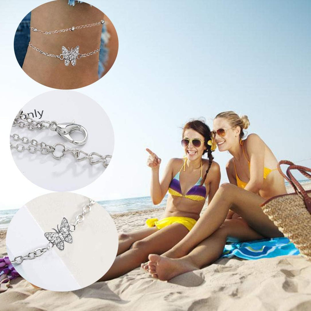 Silver Ankle Bracelets for Women,14K Heart Double Layer Women's Anklets Adjustable Beach Anklets Gifts Jewelry for Women Teen Girls (mit gift box)…
