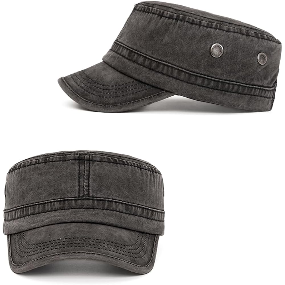 Military Cadet Army Cap for Men Women – Washed Cotton Vintage Adjustable Flat Top Hat Black