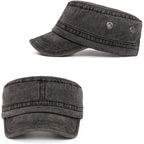Military Cadet Army Cap for Men Women – Washed Cotton Vintage Adjustable Flat Top Hat Black