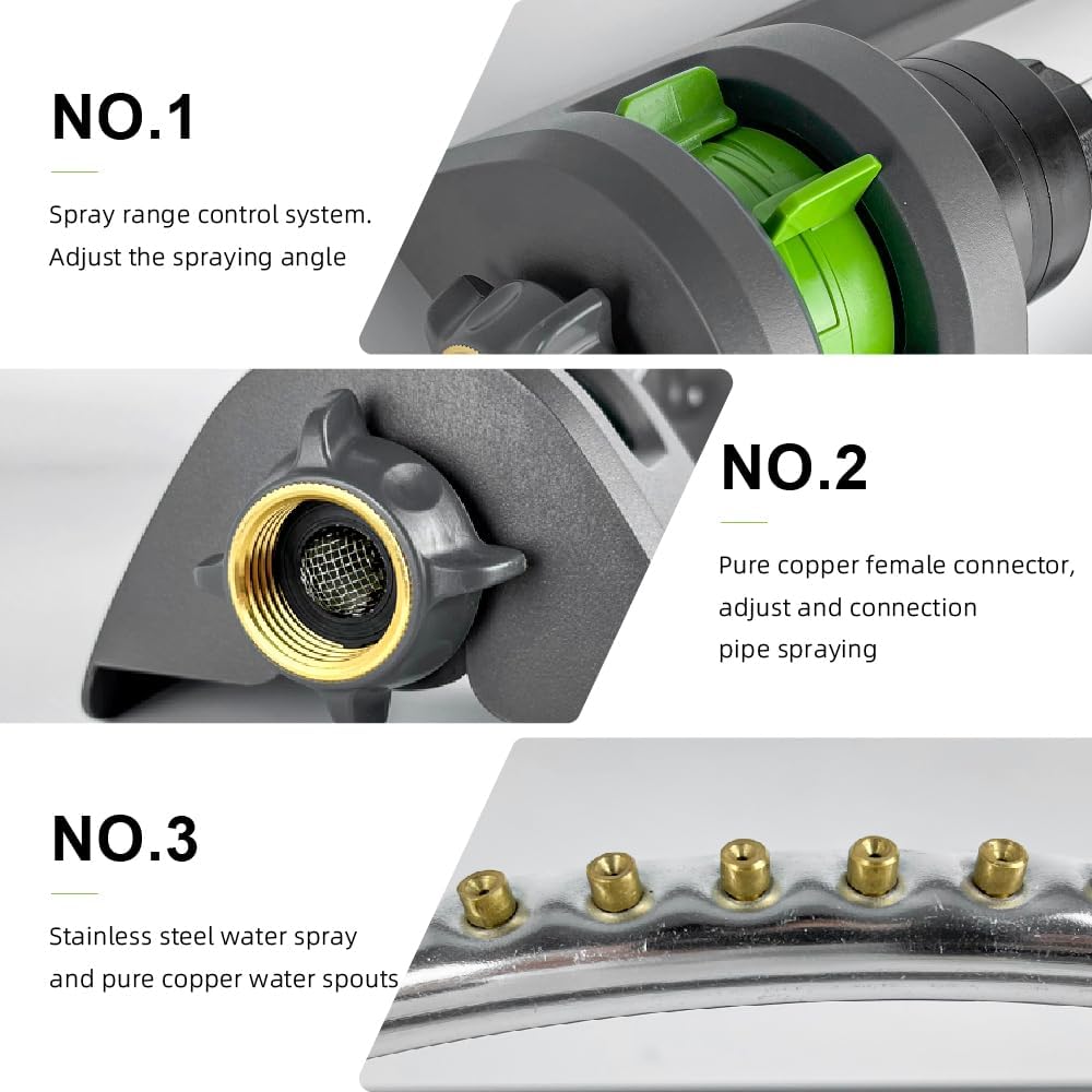 Lawn Sprinkler, Oscillating Sprinkler For Yard With 18 Hole Brass Nozzles, Watering For Lawn & Garden Covers Up To 3,600 Sq.Ft, Easy Adjust Range Control, Built-In Spray Jet Cleaning Needle (Gray)