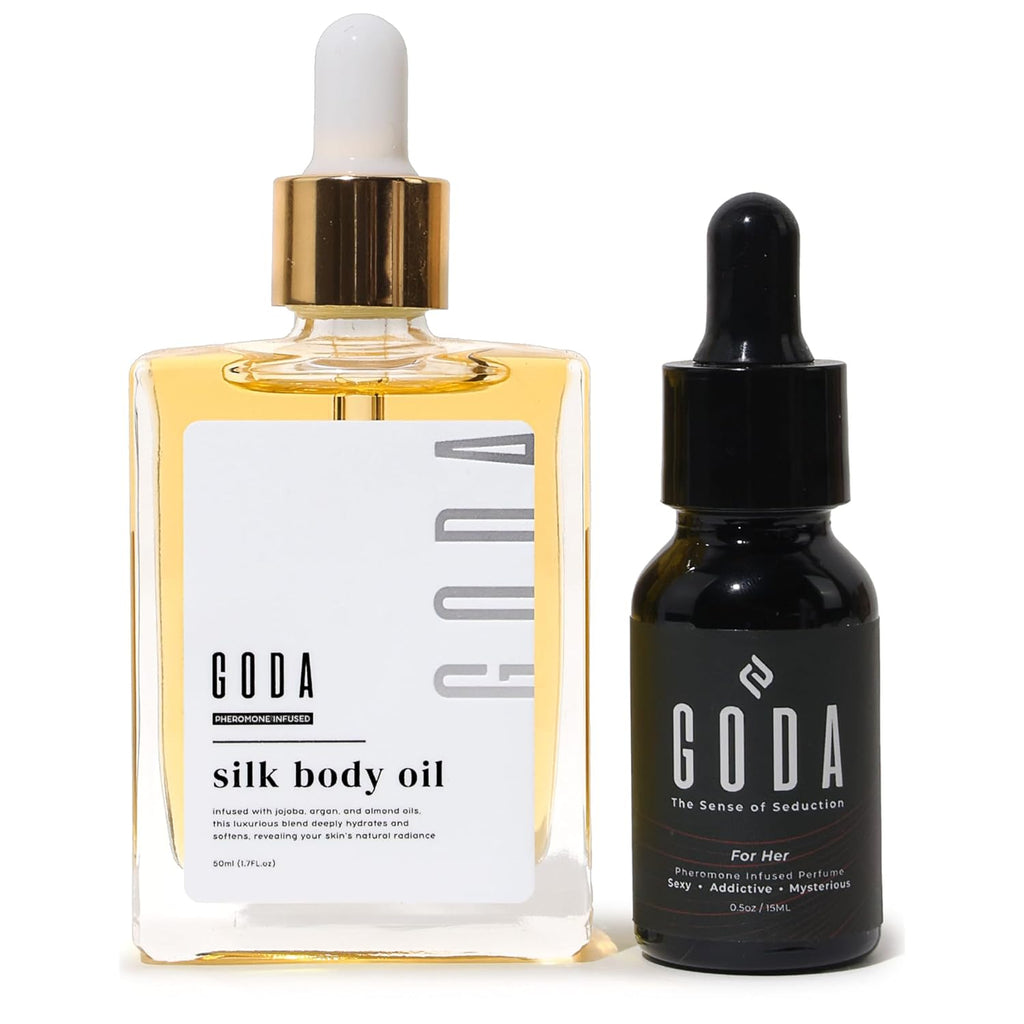 GODA Pheromones Perfume for Women + Silk Body Oil Bundle – Long-Lasting Floral Fragrance with Jasmine & Rose + Firming Anti-Aging Hydrating Body Oil 100ml – Vegan, Cruelty-Free, Luxury Gift Set, 15ml