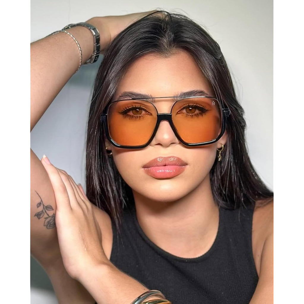 Guvivi Retro Oversized Aviator Sunglasses For Women Men Square Double Bridge Pilot Sun Glasses 70S Trendy Shades