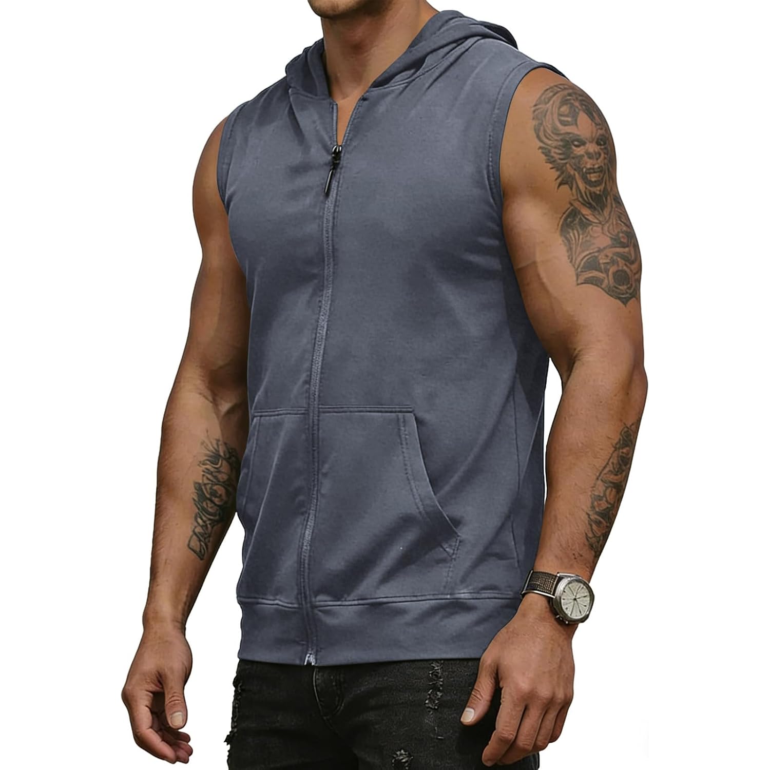 Men'S Workout Hooded Tank Tops Fashion Muscle Zip Up Sleeveless Hooded Slim Fit Gym Cut Off T Shirt