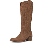 Women'S Knee High Cowboy Boots Pointed Toe Embroidered Western Boots Chunky Heel Fashion Cowgirl Tall Boots For Concert Festival Fall Outfits