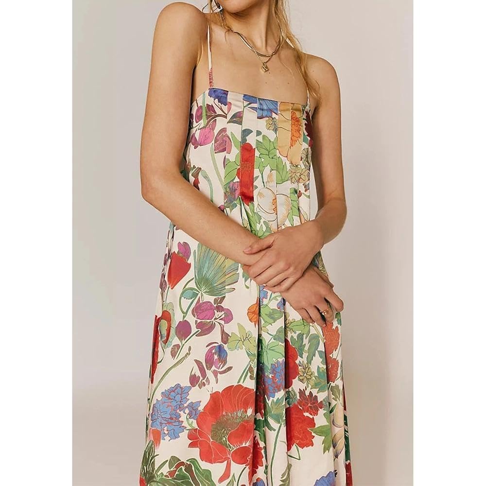 Abyovrt Women Boho Floral Maxi Dress Backless Spaghetti Strap A-Line Flowy Summer Vacation Long Dress
