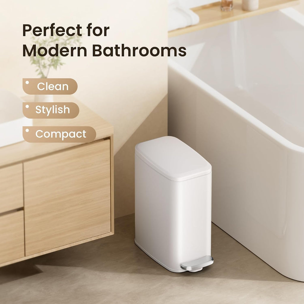 Cesun Slim Bathroom Trash Can With Lid Soft Close, 6L/1.6 Gallon Stainless Steel Small Garbage Can With Foot Pedal And Removable Inner Bucket, Slim Wastebasket For Bathroom, Office, Toilet (White)