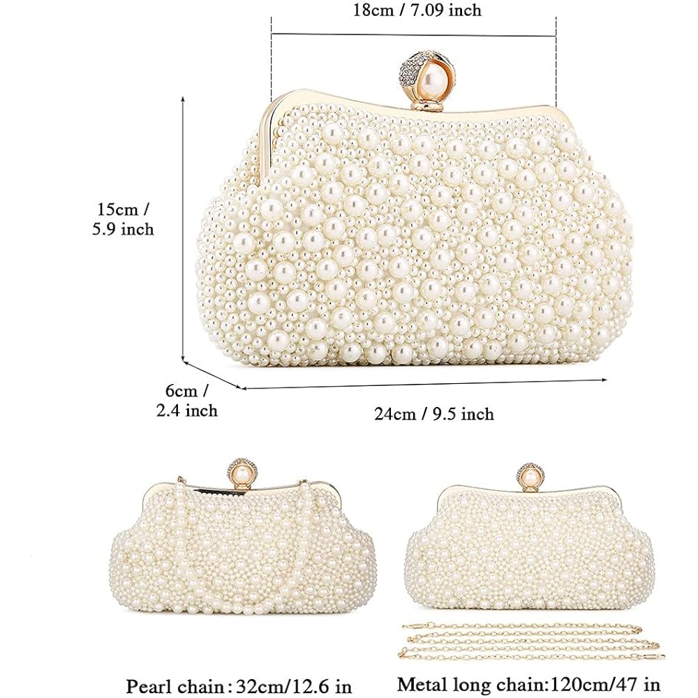 UBORSE Women Pearl Clutch Bag Noble Crystal Beaded Evening Bag Wedding Clutch with Pearl Chain