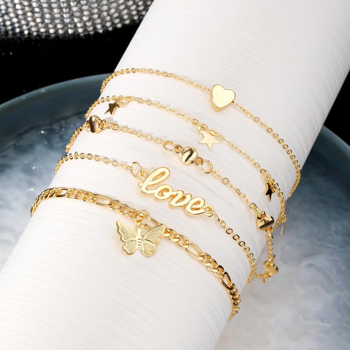 KISS WIFE Gold Anklets for Women, 14k Gold Plated Layered Cuban Figaro Link Chain Anklets Set, Dainty Waterproof Summer Beach Foot Jewelry (1)