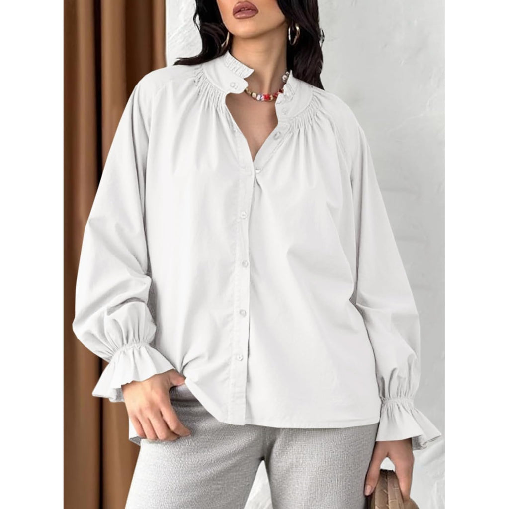 Womens Puff Long Sleeve Button Down Shirts Pleated V Neck Cotton Blouses Loose Fit Casual Ruffle Tops