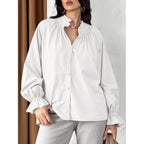 Womens Puff Long Sleeve Button Down Shirts Pleated V Neck Cotton Blouses Loose Fit Casual Ruffle Tops