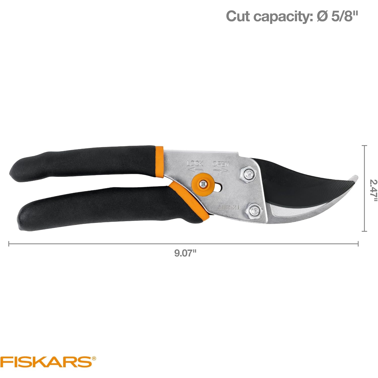 Fiskars Bypass Pruning Shears, 5/8" Cut Capacity Gardening Scissors, Self-Cleaning Sap Groove Prevents Sticking, Non-Slip Grip For Cutting Stems & Branches, Sharp Steel Blades W/ Low-Friction Coating
