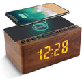 Anjank Wooden Digital Led Alarm Clock Fm Radio, Fast Wireless Charger Station For Iphone/Samsung Galaxy, 5 Level Dimmer, Usb Charging Port, 9 Sounds, Sleep Timer For Bedroom, Bedside, Desk