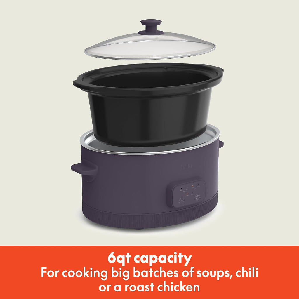 Bella 6.0 Qt Programmable Slow Cooker, Ceramic Nonstick Coating, Adjustable Temperature & Cooking Times, Dishwasher Safe Stoneware Pot & Tempered Glass Lid, Tangle Free Cord Wrap, Plum
