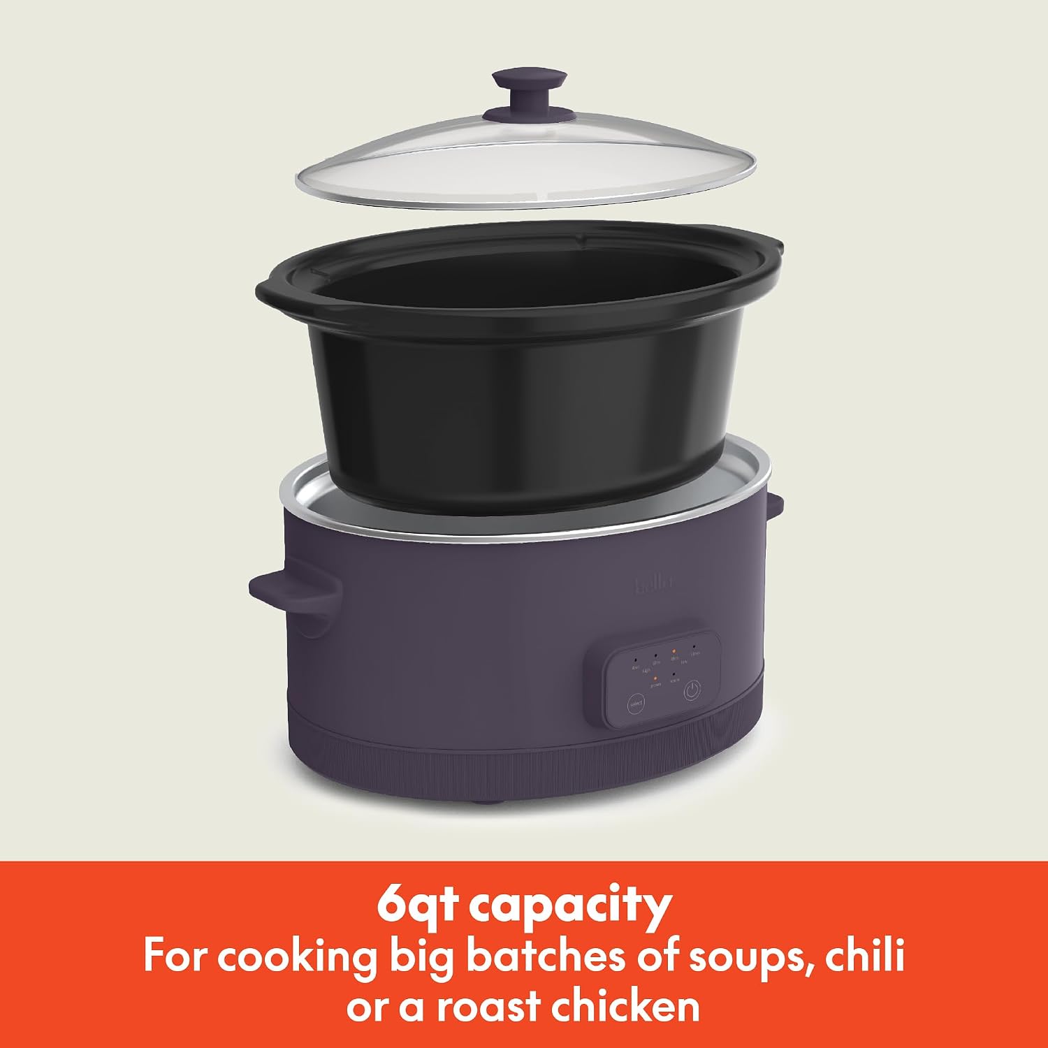 Bella 6.0 Qt Programmable Slow Cooker, Ceramic Nonstick Coating, Adjustable Temperature & Cooking Times, Dishwasher Safe Stoneware Pot & Tempered Glass Lid, Tangle Free Cord Wrap, Plum