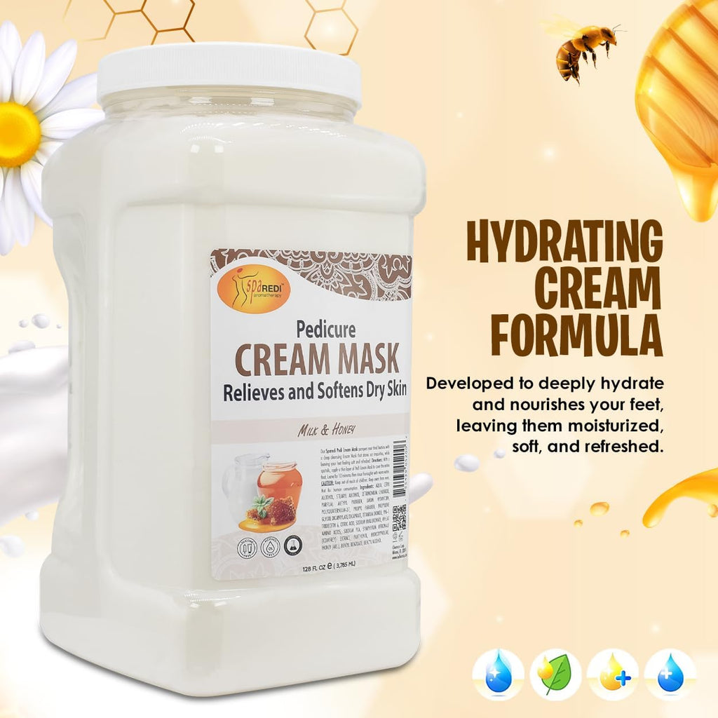 SPA REDI - Body and Foot Cream Mask, Milk and Honey, 128 Oz - Pedicure Massage for Tired Feet and Body, Hydrating, Fresh Skin - Infused with Hyaluronic Acid, Amino Acids, Panthenol, Comfrey Extract