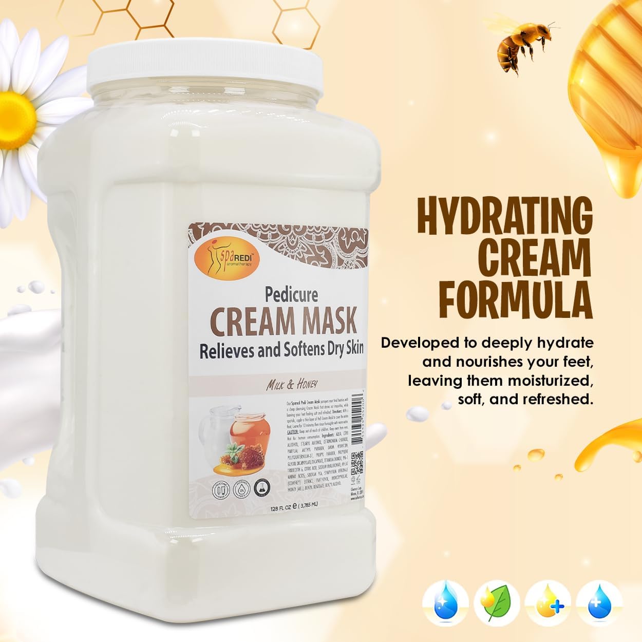 SPA REDI - Body and Foot Cream Mask, Milk and Honey, 128 Oz - Pedicure Massage for Tired Feet and Body, Hydrating, Fresh Skin - Infused with Hyaluronic Acid, Amino Acids, Panthenol, Comfrey Extract