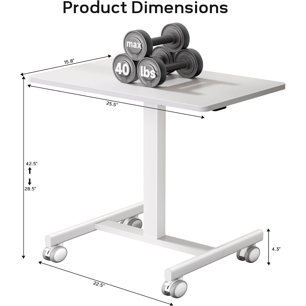 Mobile Small Standing Rolling Desk Adjustable Height, Portable Laptop Desk On Wheels, Workstation For Home Office With Hook,White