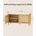 Rattan Shoe Storage Bench With Cushion, 2-Tier Entryway Bench With Adjustable Shelves And 2 Doors, 15" D X 39.4" W X 20" H, Solid Wood Legs, For Hallway, Living Room, Bedroom, Natural Oak