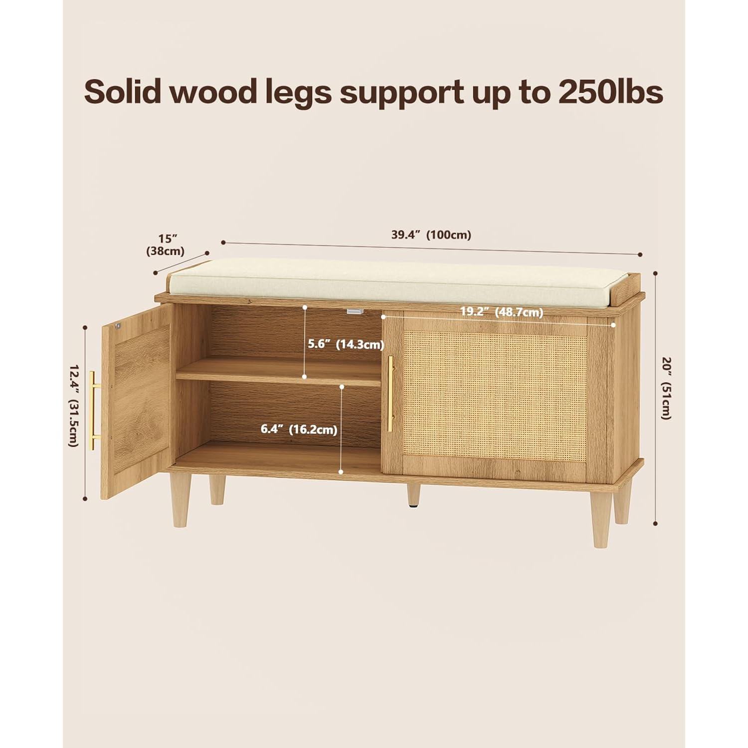 Rattan Shoe Storage Bench With Cushion, 2-Tier Entryway Bench With Adjustable Shelves And 2 Doors, 15" D X 39.4" W X 20" H, Solid Wood Legs, For Hallway, Living Room, Bedroom, Natural Oak