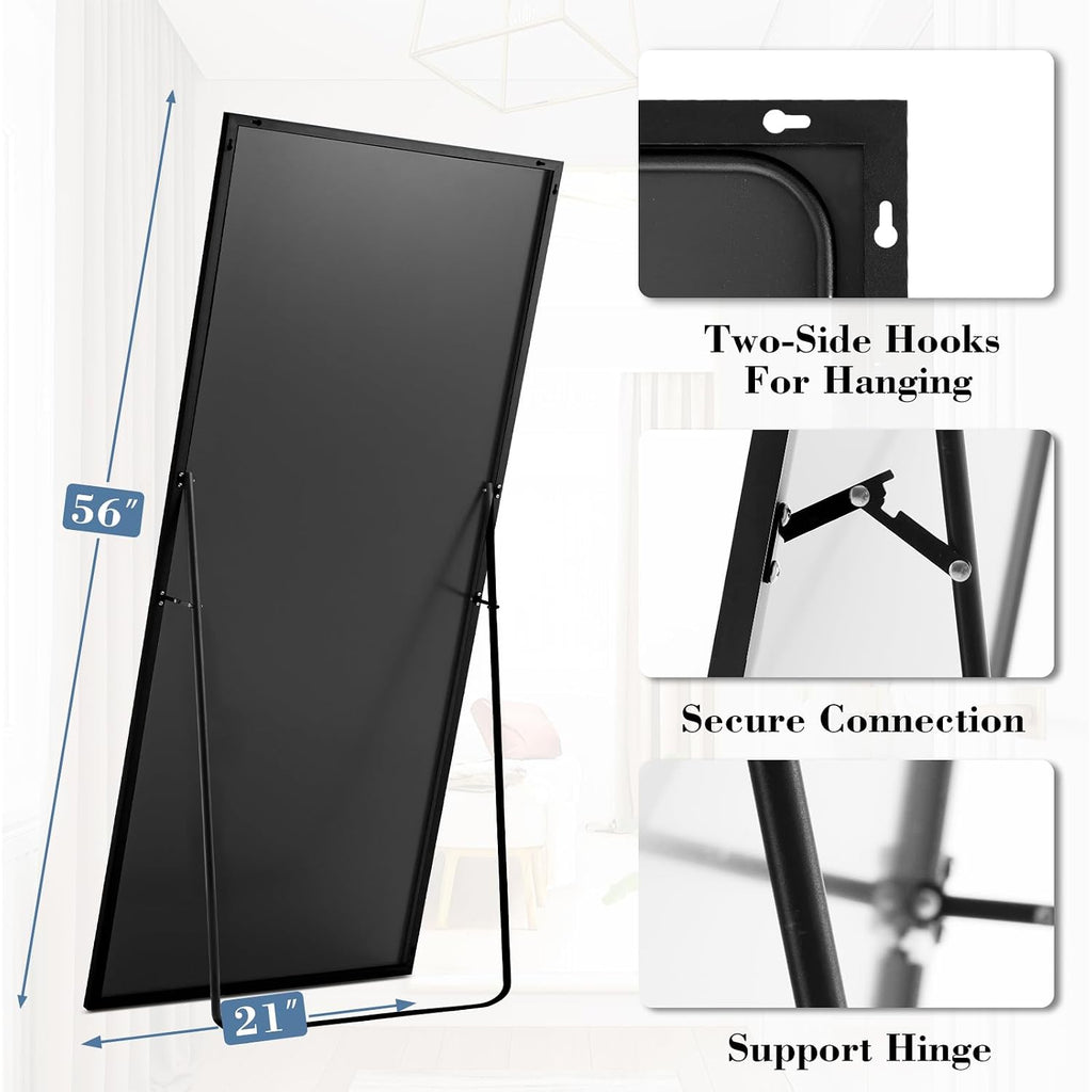 Dumos 64"X21" Full Length Mirror With Stand, Floor Standing Aluminum Frame, Shatterproof Nano Glass For Bedroom, Living Room, Cloakroom Modern Simple Home Decor, Can Be Hanging, Leaning Or Wall, Black