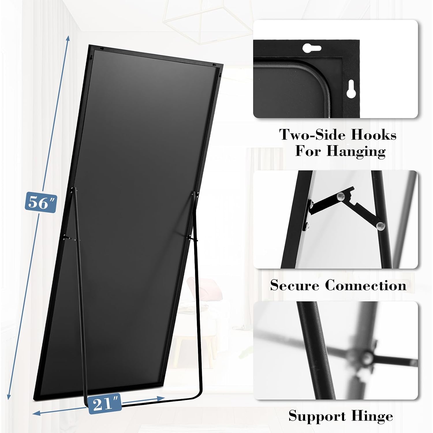 Dumos 64"X21" Full Length Mirror With Stand, Floor Standing Aluminum Frame, Shatterproof Nano Glass For Bedroom, Living Room, Cloakroom Modern Simple Home Decor, Can Be Hanging, Leaning Or Wall, Black