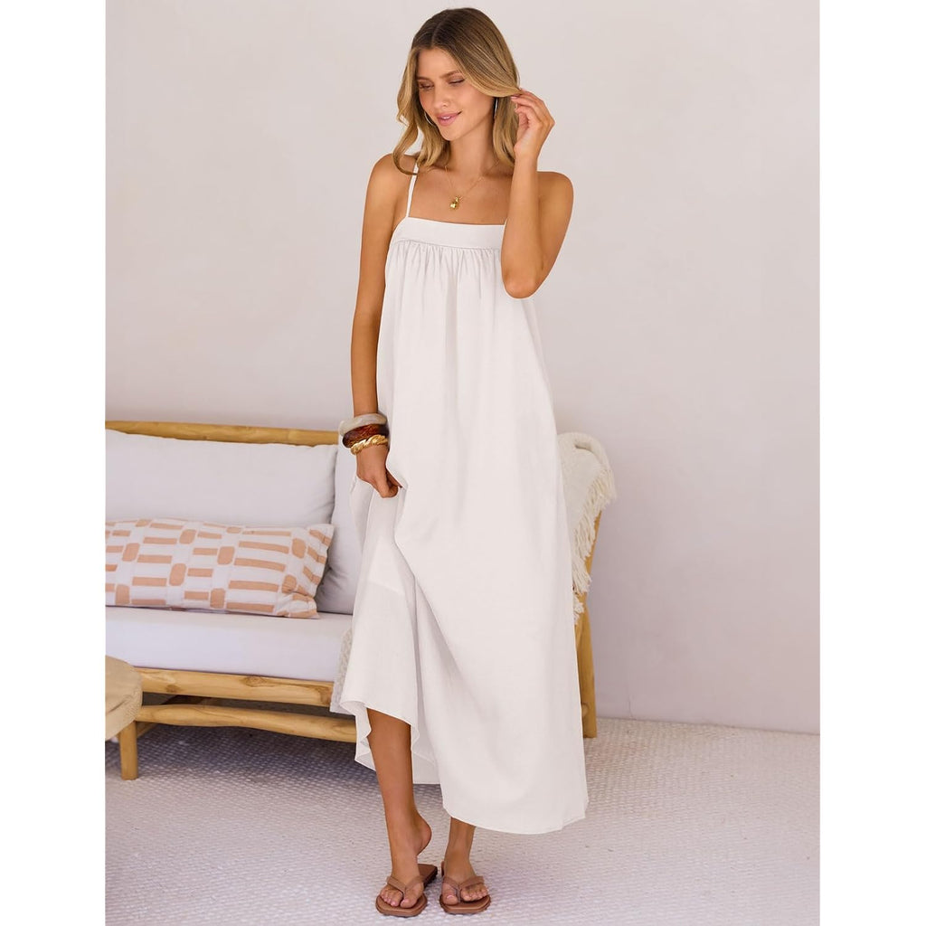 Merokeety Women'S Summer Linen Sundress Boho Maxi Dress | Adjustable Spaghetti Strap, Square Neck, Lightweight & Breathable, Sexy Vacation Beach Dress With Pockets