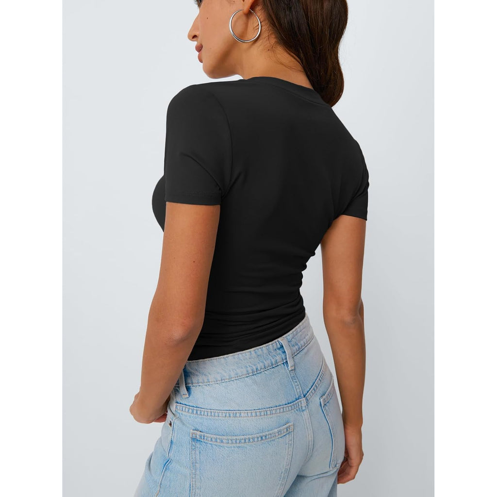 Trendy Queen Womens Basic V Neck Short Sleeve Spring T Shirts Slim Fit Crop Y2K Tee 2026 Summer Gym Workout Cute Top