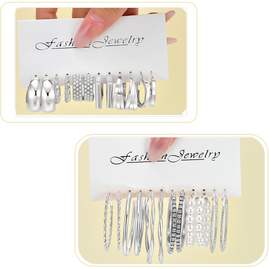 Gold Hoop Earrings Set for Women, Fashion Chunky Pearl Earrings Multipack Twisted Statement Earring Pack, Hypoallergenic Small Big Hoops Earrings for Birthday Party