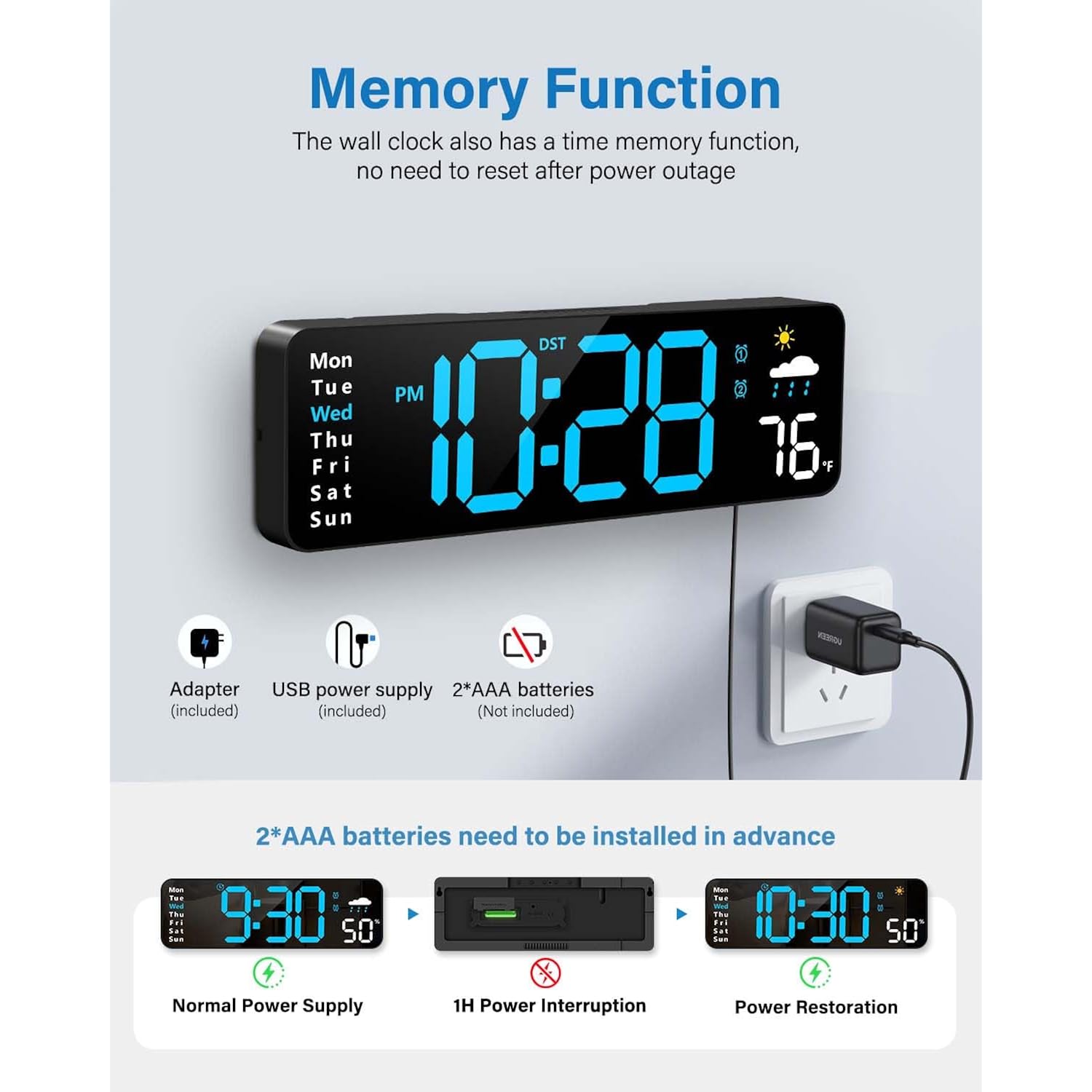 Digital Wall Clock, Digital Clock Large Display With Remote Control, Corded Led Alarm Clocks With Date, Week, Temp, Humidity, Auto Dst, Countdown, For Living Room Bedroom Classroom Office (Blue)