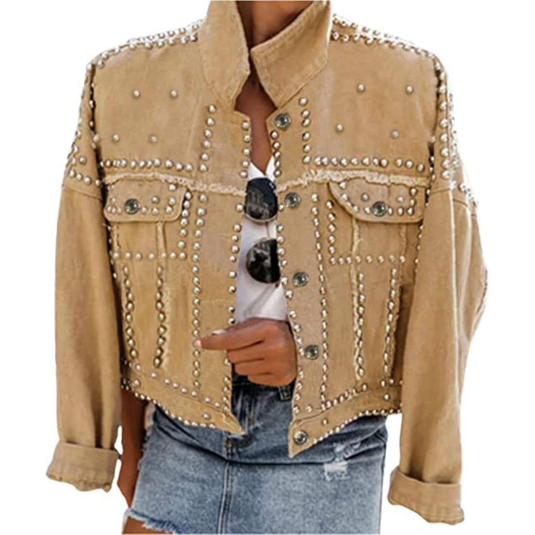 Women'S Long Sleeve Rivet Studded Denim Jacket Casual Washed Short Jean Coat Western Outfits