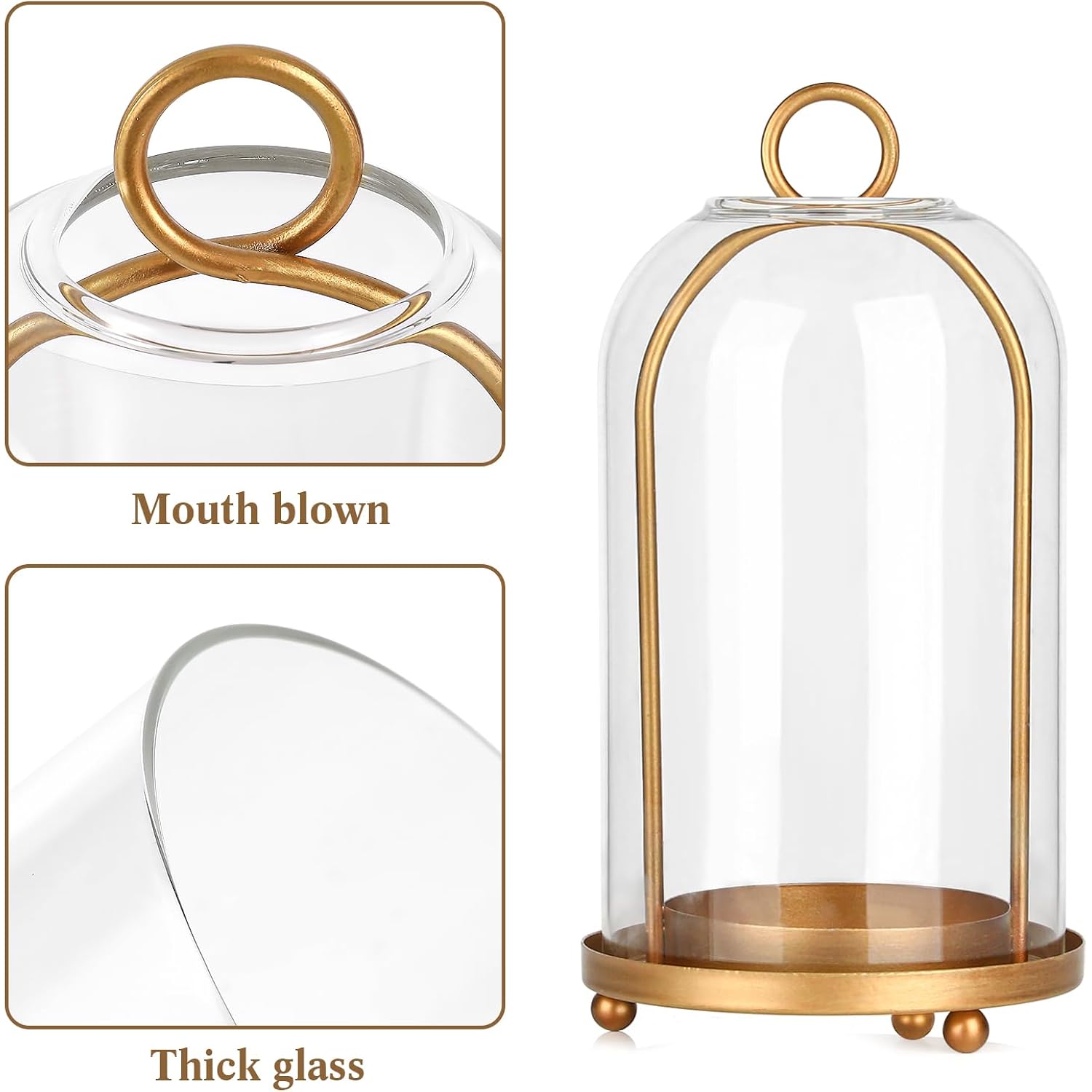 Vintage Brass Metal Candle Lantern with Thick Glass Dome – Set of 2 Shabby Chic Style Candle Holders (5.25"x10" & 4.5"x7.87") – Hanging or Tabletop Decor for Pillar Candles, Plants