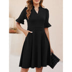 Mokayee Womens Summer V Neck Ruffle Short Sleeve Fit And Flare Knee Length Church Wedding Guest Dresses With Pockets