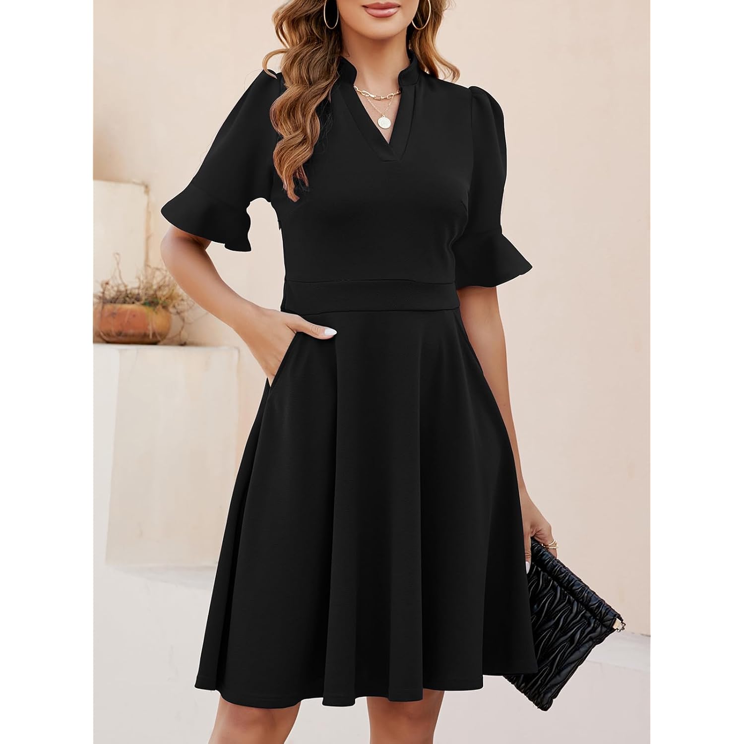 Mokayee Womens Summer V Neck Ruffle Short Sleeve Fit And Flare Knee Length Church Wedding Guest Dresses With Pockets