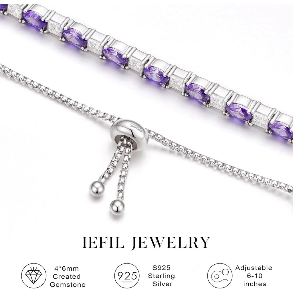 Iefil Adjustable Tennis Bracelets for Women - 925 Sterling Silver Birthstone Bracelet, Anniversary Birthday Gifts for Women, Jewelry Gifts for Woman Her, 6"-10"
