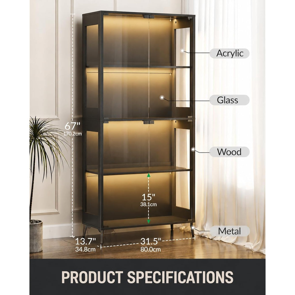 Display Cabinet With Glass Doors, 4-Tier Curio Cabinet With Adjustable Shelves, Glass Display Case For Collectibles, 60000 Color Led Lights With App & Remote Control, Metal Base Storage Cabinet, Black