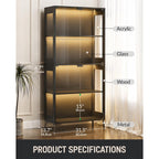 Display Cabinet With Glass Doors, 4-Tier Curio Cabinet With Adjustable Shelves, Glass Display Case For Collectibles, 60000 Color Led Lights With App & Remote Control, Metal Base Storage Cabinet, Black