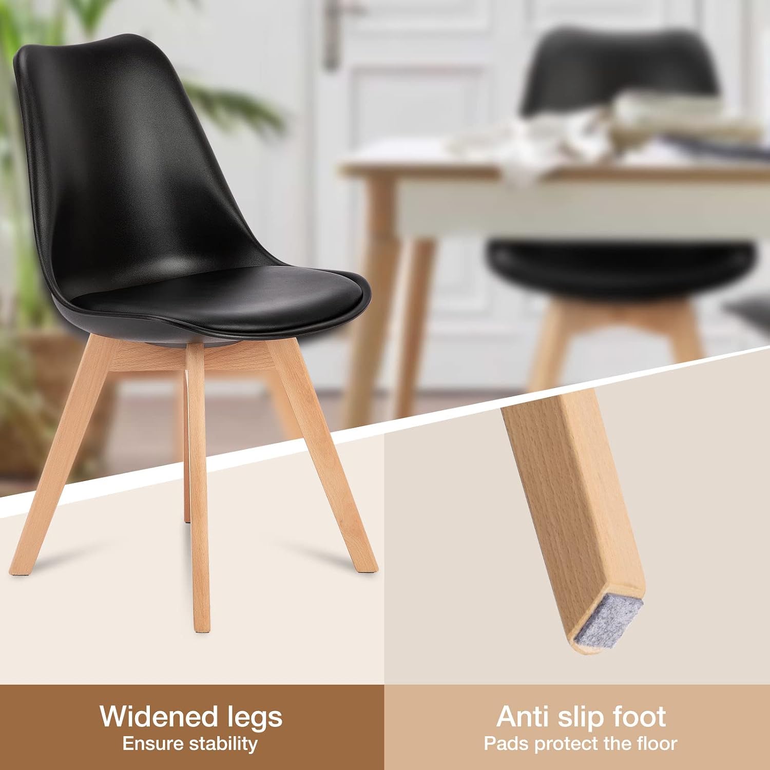 Olixis Dining Chairs Set Of 8 Kitchen Mid Century Modern Chairs With Wood Legs And Pu Leather Cushion, Upholstered Accent Chai For Living Room Bedroom Outdoor Lounge, Black