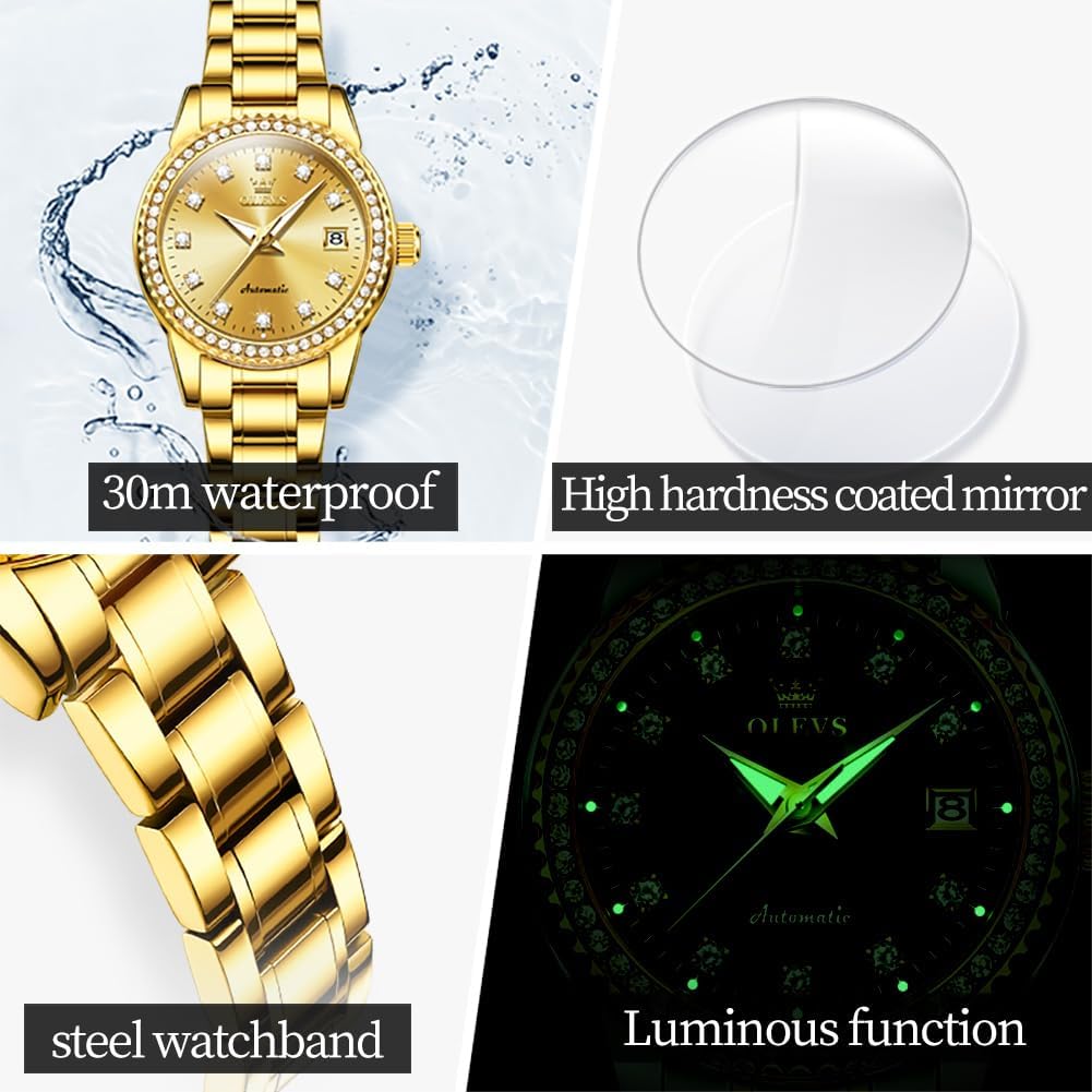 Olevs Womens Automatic Watch Gold Luxury Diamond Self Winding Ladies Wrist Watches Waterproof Luminous Date