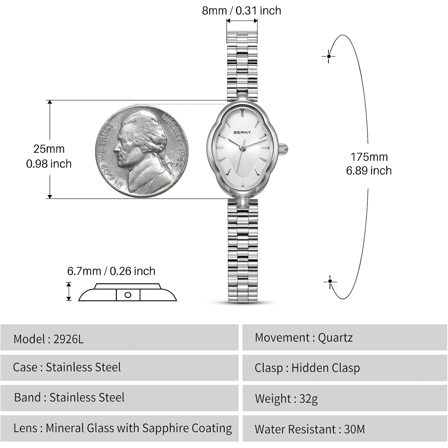 Berny Silver Watches For Women Dainty Ladies Wristwatch Vintage Copper Mirrors Shape Japanese Quartz Movement 3Atm Waterproof All Stainless Steel Fashion Female Wrist Watch Birthday Gifts